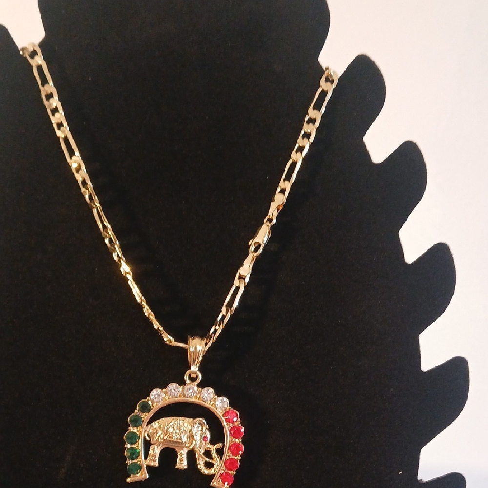 Green and Gold Elephant Pendant Necklace with Figaro Chain